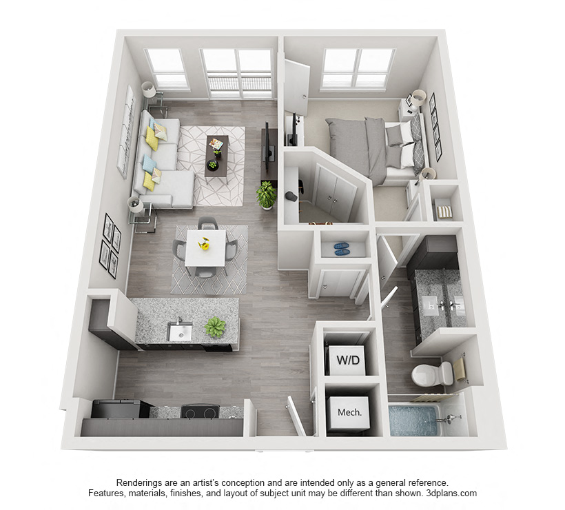 Floor plan for 1 bed, 1 bath, 750 sqft